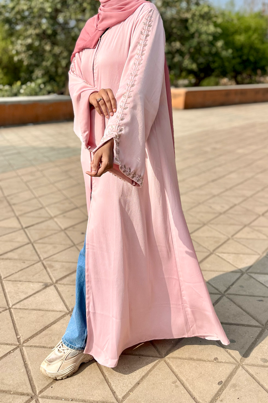 Haleema Embroidery Abaya - Baby Pink