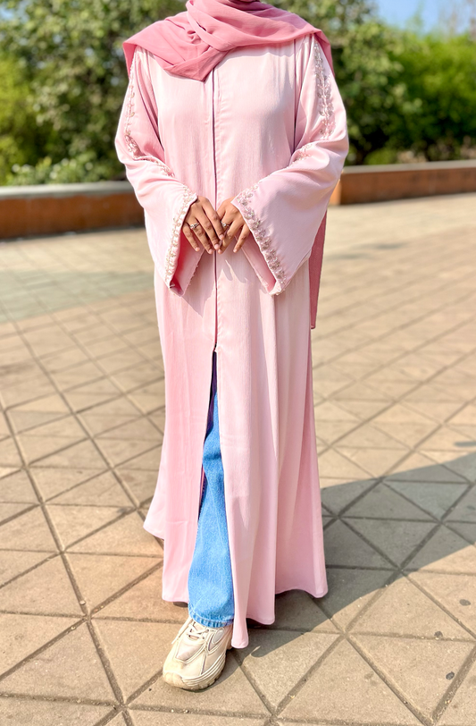 Haleema Embroidery Abaya - Baby Pink