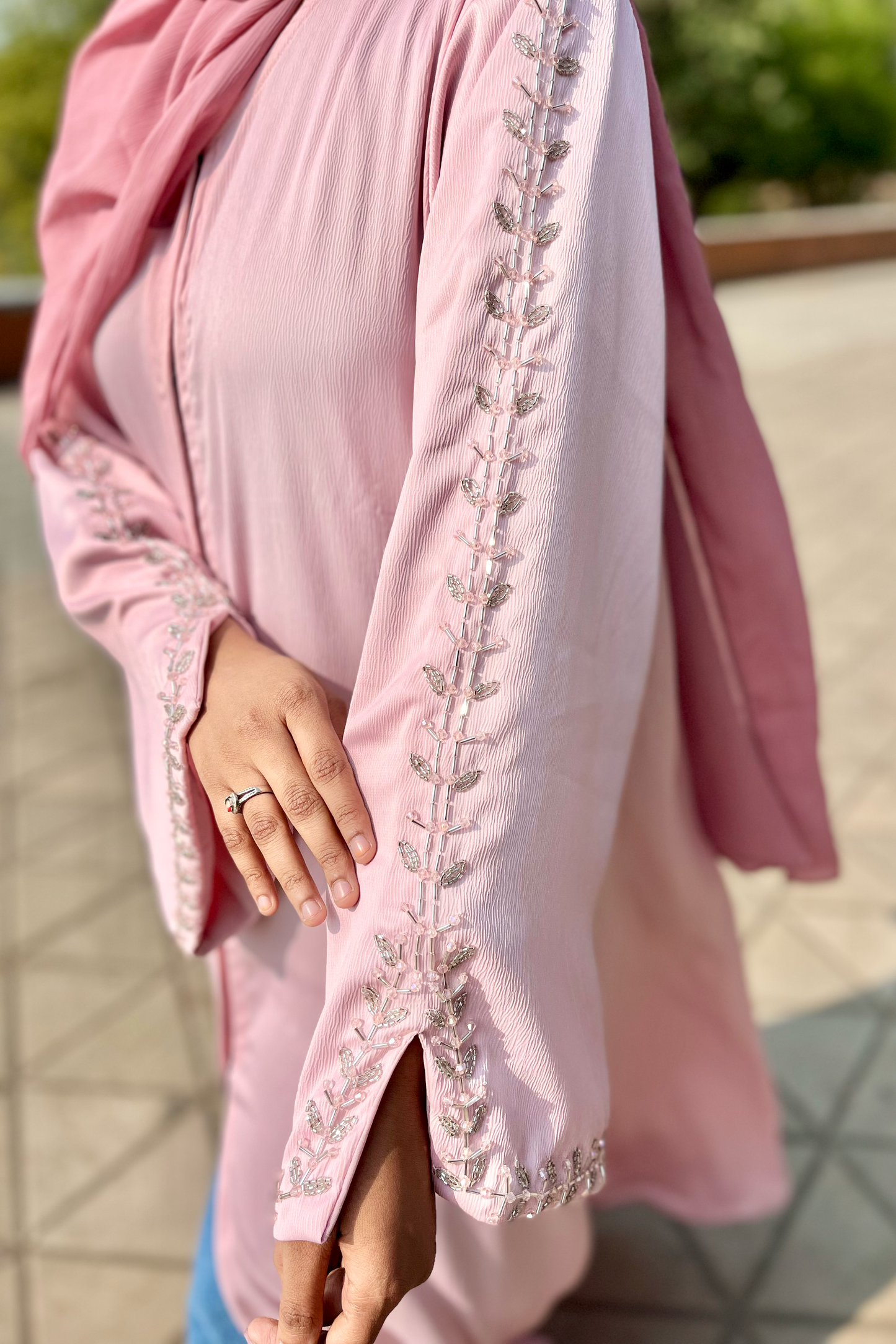 Haleema Embroidery Abaya - Baby Pink
