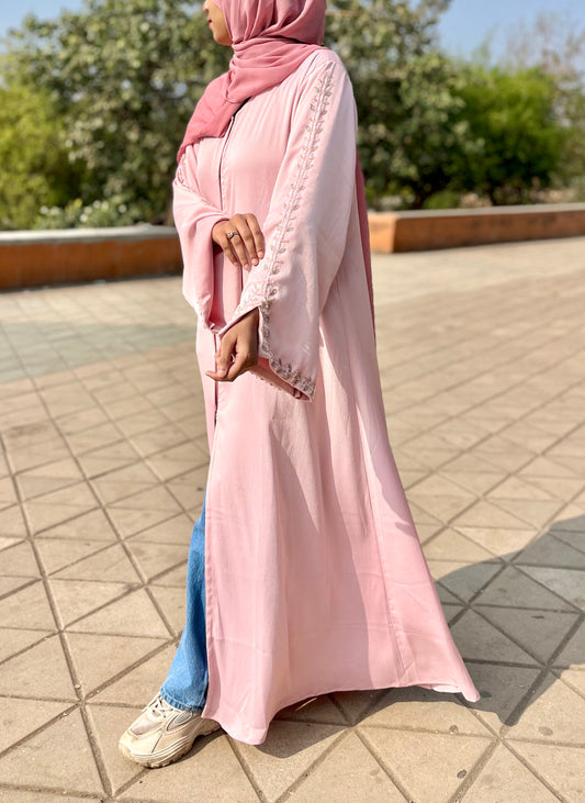 Haleema Embroidery Abaya - Baby Pink